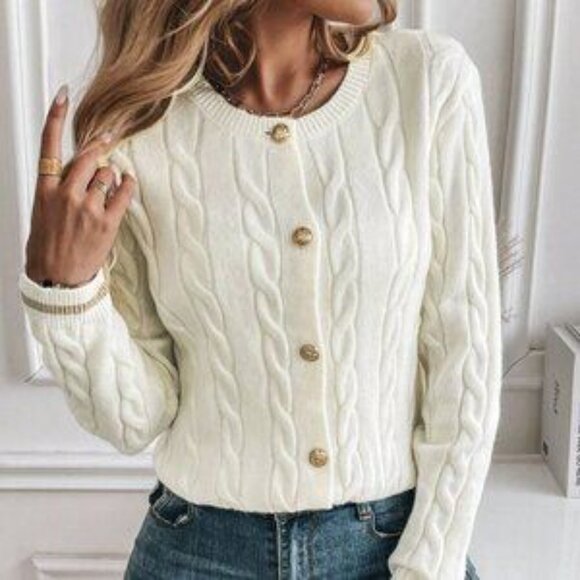 White Casual Women's Solid Color Button Decorated Long Sleeve Cardigan - Picture 4 of 6